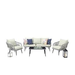 Riviera Rope Wicker 4-Piece 5 Seater Patio Conversation Set with Cushions in Cream - Manhattan Comfort OD-CV015-CR