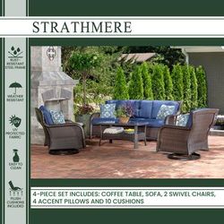 Strathmere 4-Piece Lounge Set with Sofa, 2 Swivel Gliders, and Woven Coffee Table, Navy Blue - Hanover STRATH4PCSW-S-NVY