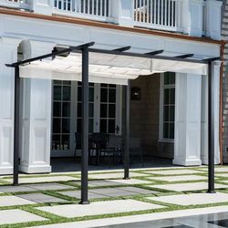 Reed Aluminum and Steel Pergola with Adjustable Sling Canopy, Gray (9.8' D x 9.8' W x 7.6' H) - Hanover REEDPERG-GRY