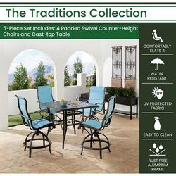 Traditions 5-Piece High-Dining Set in Blue with 4 Padded Swivel Counter-Height Chairs and 42-in. Cast-top Table - Hanover TRADDN5PCPDSQBR-BLU
