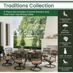 Traditions 9-Piece Dining Set in Tan with 8 Swivel Rockers and 95-in. x 60-in. Oval Cast-Top Dining Table - Hanover TRADDN9PCOVSW8-TAN