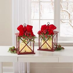 14"H Red Christmas Lantern with LED Candles by BrylaneHome in Red Green