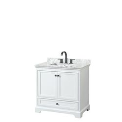 Deborah 36 Inch Single Bathroom Vanity in White, White Carrara Marble Countertop, Undermount Square Sink, Matte Black Trim - Wyndham WCS202036SWBCMUNSMXX