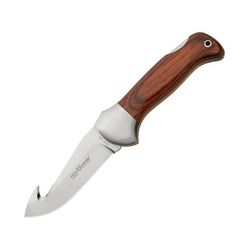 Fox Guthook Skinner Folding Knife 3.75" satin finish 12C27 Sandvik stainless guthook Brown pakkawood handle 01FX216
