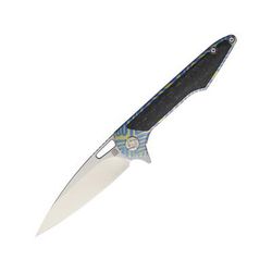 Artisan Cutlery Small Archaeo Framelock Folding Knife 03 3" satin finish Bohler M390 stainless blade Blue and gold titanium handle with carbon fiber