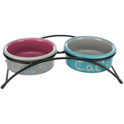 2x300ml Grey, Pink & Blue Eat on Feet Trixie Ceramic Cat Bowl