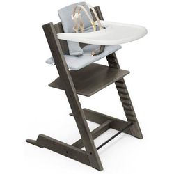 Tripp Trapp High Chair and Cushion with Stokke Tray - Hazy Grey / Nordic Blue