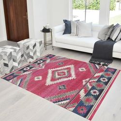 HR Southwestern Native American Modern Faded Area Rug Hot Pink Ivory Navy Gray