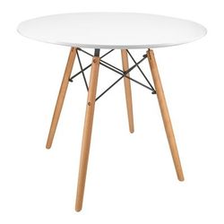 LeisureMod Dover Round Bistro Wood Top Dining Table W/ Natural Wood Eiffel Base in White - LeisureMod EP31WR