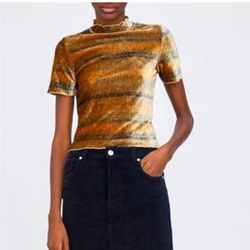 Zara Tops | Brown Velvet Multicolor Short Sleeve Top Never Worn | Color: Brown/Tan | Size: S