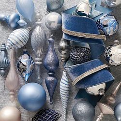 Set of 4 - Luxury Ornament Set - Frosted French Blue Ornament Collection Chinoiserie Matte Glass Bell Ornaments - Frontgate - Christmas Décor
