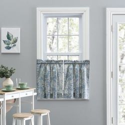 Wide Width Lexington Leaf- Candlewick Leaf Pattern On A Colored Ground- Tailored Tier by Ellis Curtains in Blue (Size 56" W 24" L)