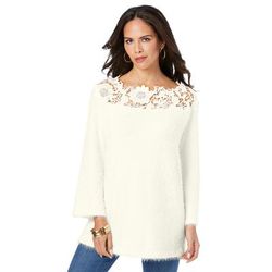 Plus Size Women's Lace-Neck Eyelash Sweater by Roaman's in Ivory (Size 30/32)