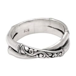 Crossing Bamboo,'Sterling Silver Band Ring with Traditional Balinese Motifs'