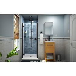 Dreamline DreamLine Lumen 32 inch D x 42 inch W x 74 3/4 inch H Semi-Frameless Hinged Shower Door in Matte Black with Center Drain White Shower Base Kit DL-533242-09
