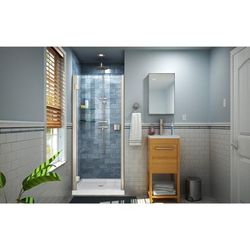 Dreamline DreamLine Lumen 32 inch D x 42 inch W x 74 3/4 inch H Semi-Frameless Hinged Shower Door in Brushed Nickel with Center Drain White Shower Base Kit DL-533242-04