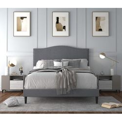 Melody Queen Chrome Nail head Upholstered Platform Bed in Grey - CasePiece USA C80087-511