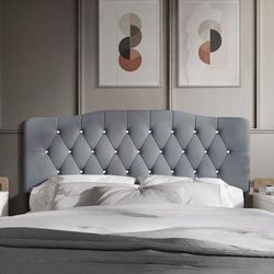 Velvet Button Tufted Curved Upholstered Adjustable Headboard, Queen in Light Grey - CasePiece USA C8373QUHB-LGY-VV