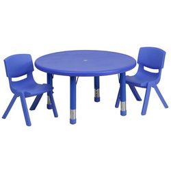 Flash Furniture YU-YCX-0073-2-ROUND-TBL-BLUE-R-GG 33" Round Preschool Activity Table & 2 Chair Set - Plastic Top, Blue