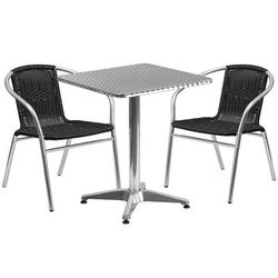 Flash Furniture TLH-ALUM-24SQ-020BKCHR2-GG 23 1/2" Square Patio Table & 2 Black Rattan Arm Chair Set - Stainless Top, Aluminum Base