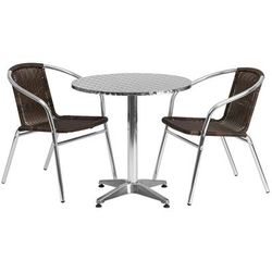 Flash Furniture TLH-ALUM-28RD-020CHR2-GG 27 1/2" Round Patio Table & 2 Brown Rattan Arm Chair Set - Stainless Steel Top, Aluminum Base