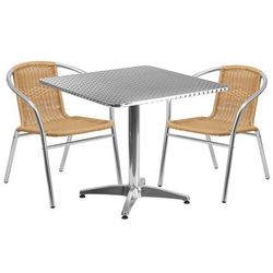 Flash Furniture TLH-ALUM-32SQ-020BGECHR2-GG 31 1/2" Square Patio Table & 2 Beige Rattan Arm Chair Set - Stainless Steel Top, Aluminum Base