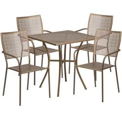 Flash Furniture CO-28SQ-02CHR4-GD-GG 28" Square Patio Table & 4 Square Back Arm Chair Set - Steel, Gold