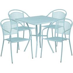 Flash Furniture CO-28SQ-03CHR4-SKY-GG 28" Square Patio Table & 4 Round Back Arm Chair Set - Steel, Sky Blue