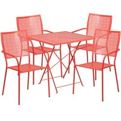 Flash Furniture CO-28SQF-02CHR4-RED-GG 28" Square Folding Patio Table & 4 Square Back Arm Chair Set - Steel, Coral