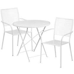Flash Furniture CO-30RDF-02CHR2-WH-GG 30" Round Folding Patio Table & 2 Square Back Arm Chair Set - Steel, White