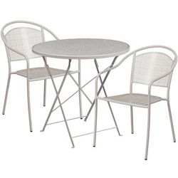 Flash Furniture CO-30RDF-03CHR2-SIL-GG 30" Round Folding Patio Table & 2 Round Back Arm Chair Set - Steel, Light Gray