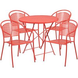 Flash Furniture CO-30RDF-03CHR4-RED-GG 30" Round Folding Patio Table & 4 Round Back Arm Chair Set - Steel, Coral