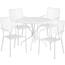 Flash Furniture CO-35RD-02CHR4-WH-GG 35 1/4" Round Patio Table & (4) Square Back Arm Chair Set - Steel, White