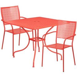 Flash Furniture CO-35SQ-02CHR2-RED-GG 35 1/4" Square Patio Table & 2 Square Back Arm Chair Set - Steel, Coral