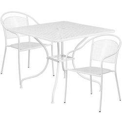 Flash Furniture CO-35SQ-03CHR2-WH-GG 35 1/4" Square Patio Table & 2 Round Back Arm Chair Set - Steel, White