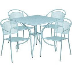 Flash Furniture CO-35SQ-03CHR4-SKY-GG 35 1/4" Square Patio Table & (4) Round Back Arm Chair Set - Steel, Sky Blue