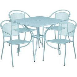 Flash Furniture CO-35SQ-03CHR4-SKY-GG 35 1/4" Square Patio Table & 4 Round Back Arm Chair Set - Steel, Sky Blue