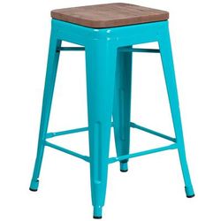 Flash Furniture ET-BT3503-24-CB-WD-GG Counter Height Backless Commercial Bar Stool w/ Wood Seat, Crystal Teal Blue