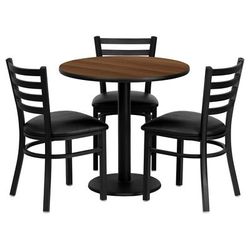 Flash Furniture MD-0002-GG 30" Round Table & (3) Chair Set - Walnut Laminate Top, Cast Iron Base, Black
