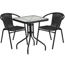 Flash Furniture TLH-0731SQ-037BK2-GG 23 1/2" Square Patio Table & 2 Black Rattan Arm Chair Set - Glass Top, Black Metal Base