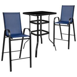 Flash Furniture TLH-073H092H-NV-GG 27 1/2" Square Patio Bar Table & 2 Navy Stool Set - Glass Top, Black Steel Base