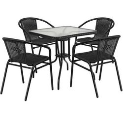 Flash Furniture TLH-073SQ-037BK4-GG 28" Square Patio Table & 4 Black Rattan Arm Chair Set - Glass Top, Black Metal Base