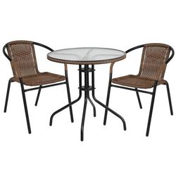 Flash Furniture TLH-087RD-037BN2-GG 28" Round Patio Table & 2 Brown Rattan Arm Chair Set - Glass Top, Black Metal Base