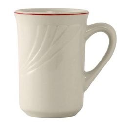 Tuxton YBM-080 7 1/2 oz Monterey Mug - Ceramic, Eggshell w/ Berry Band, White