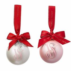 Victoria's Secret Accents | 2 Victorias Secret Ornament Ball Iconic Monogram Pink Logo Vs Holiday Xmas Nib | Color: Gold/Red | Size: Os
