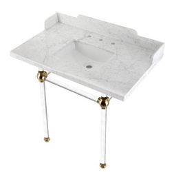 "Kingston Brass LMS36MASQ7 Pemberton 36" Carrara Marble Console Sink with Acrylic Legs, Marble White/Brushed Brass - Kingston Brass LMS36MASQ7"