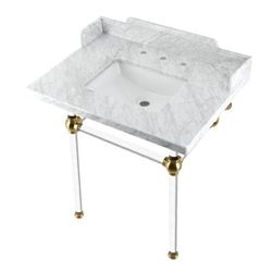 "Kingston Brass LMS3030MASQ7 Pemberton 30" Carrara Marble Console Sink with Acrylic Legs, Marble White/Brushed Brass - Kingston Brass LMS3030MASQ7"