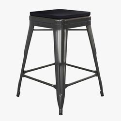 Flash Furniture CH-31320-24-BK-PL2B-GG Counter Height Backless Stool w/ Wood Seat - Steel, Black, Distressed Black, 24"