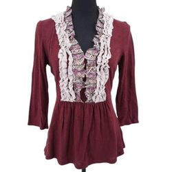 Anthropologie Tops | Anthropologie Deletta Burgundy Raw Edge Ruffle Neck Peplum Top Size M 3/4 Sleeve | Color: Purple/Red | Size: M