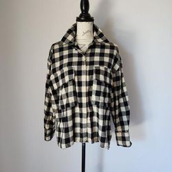 Zara Tops | Euc Zara Buffalo Plaid Oversize Shirt Button Long Sleeve Cotton Black Cream | Color: Black/Cream | Size: S